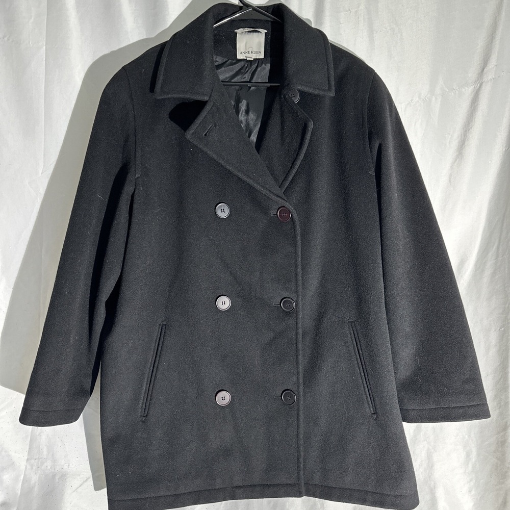 Anne Klein 2 Black Wool Double Breasted Military Peacoat Jacket  Size 16